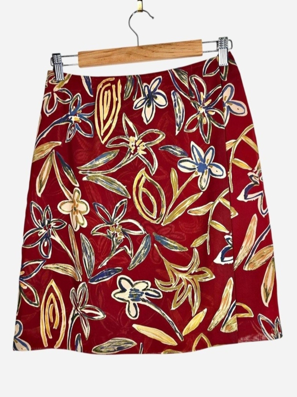 Boho Cottagecore Floral A-Line Wrap Skirt Red & Multicolor Floral Womens Size 6